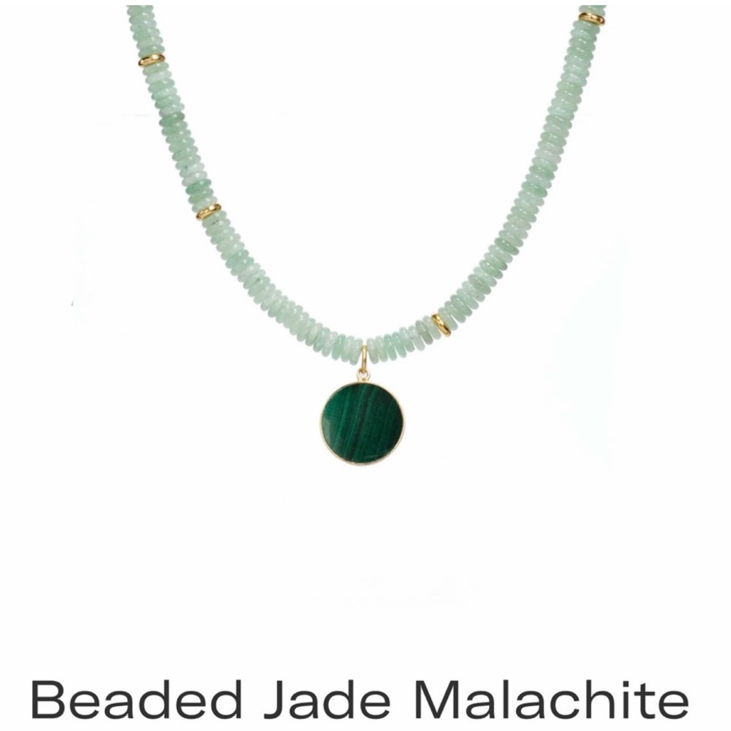 24k Gold Plated Jade Necklace With Malachite Pendent By: Mayamar